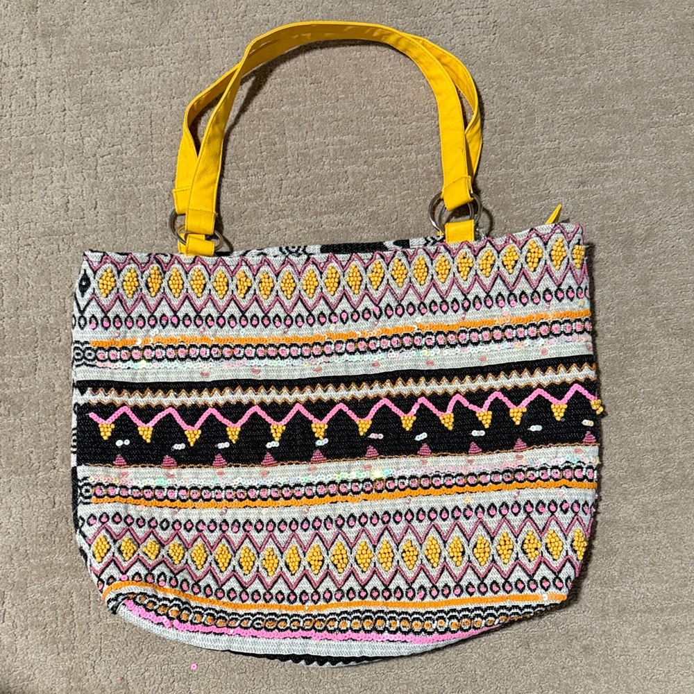 Colorful Beaded/Woven Patterned Tote Bag with Leather Yellow Handles